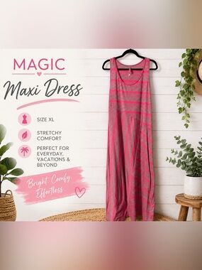 Magic Pink Gray Striped Maxi Dress XL Sleeveless Stretchy Casual Boho